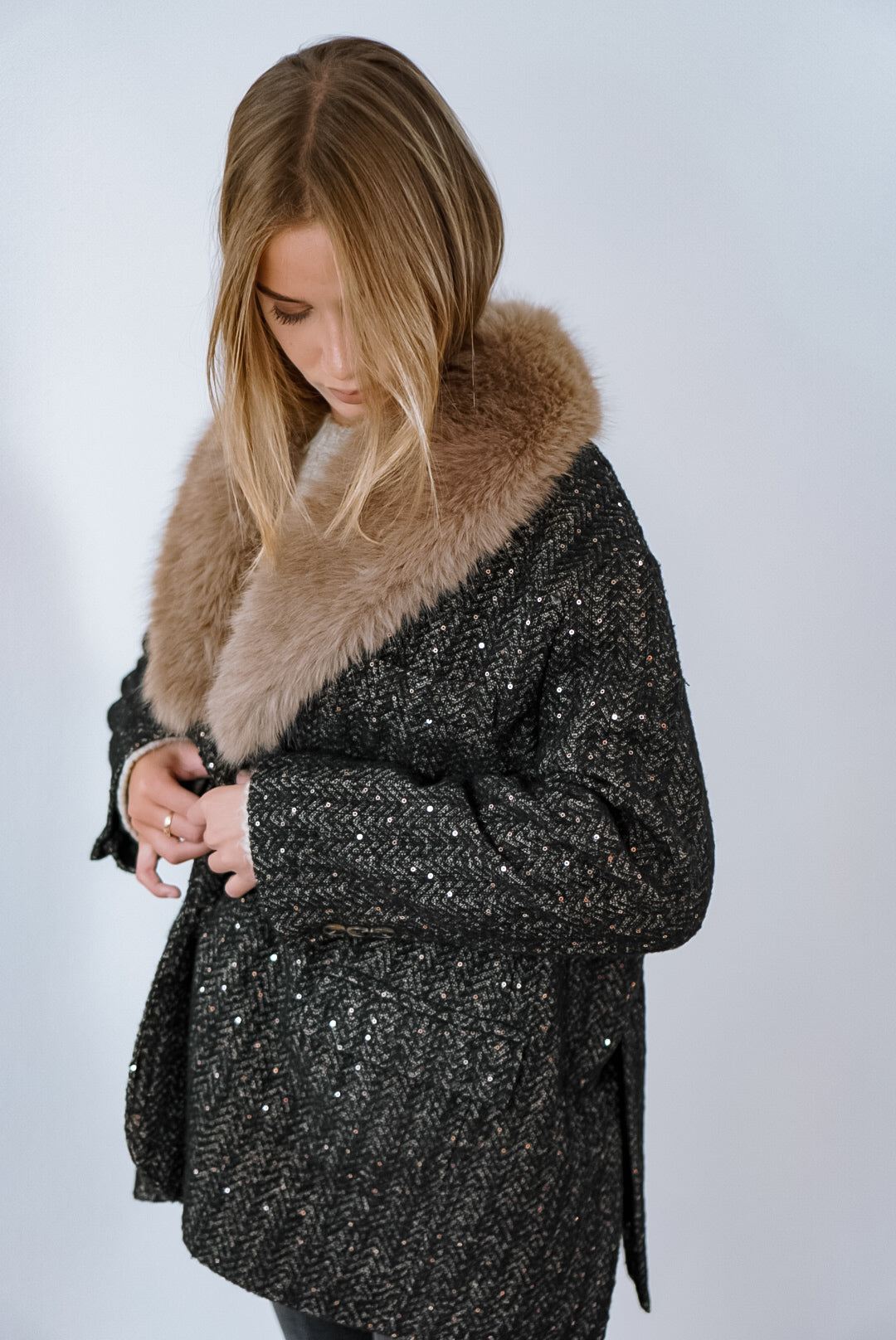 Cappotto Tweed con Collo in Eco-pelliccia