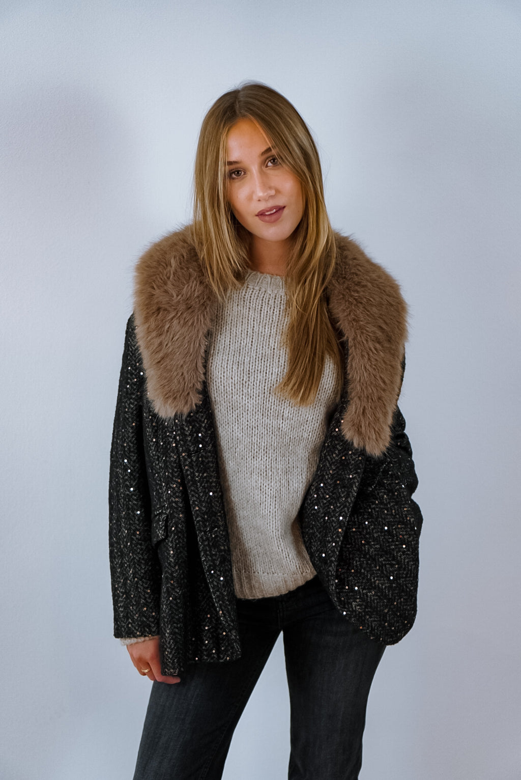 Cappotto Tweed con Collo in Eco-pelliccia