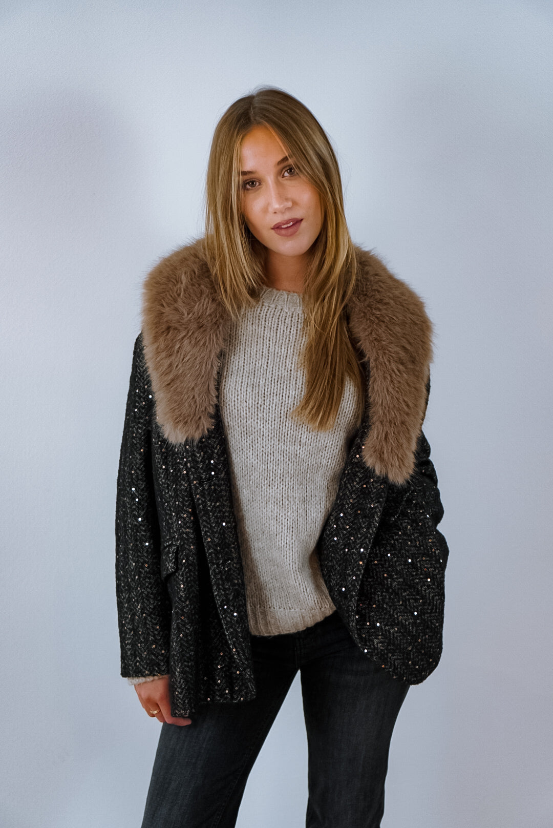 Cappotto Tweed con Collo in Eco-pelliccia