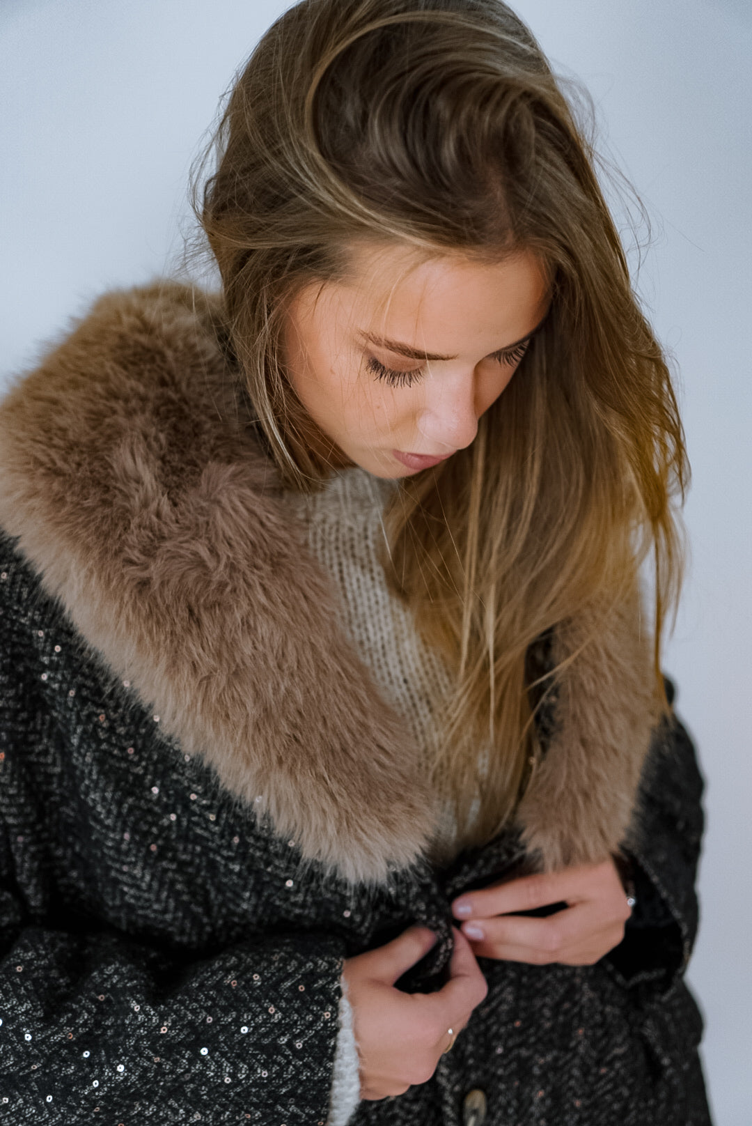 Cappotto Tweed con Collo in Eco-pelliccia