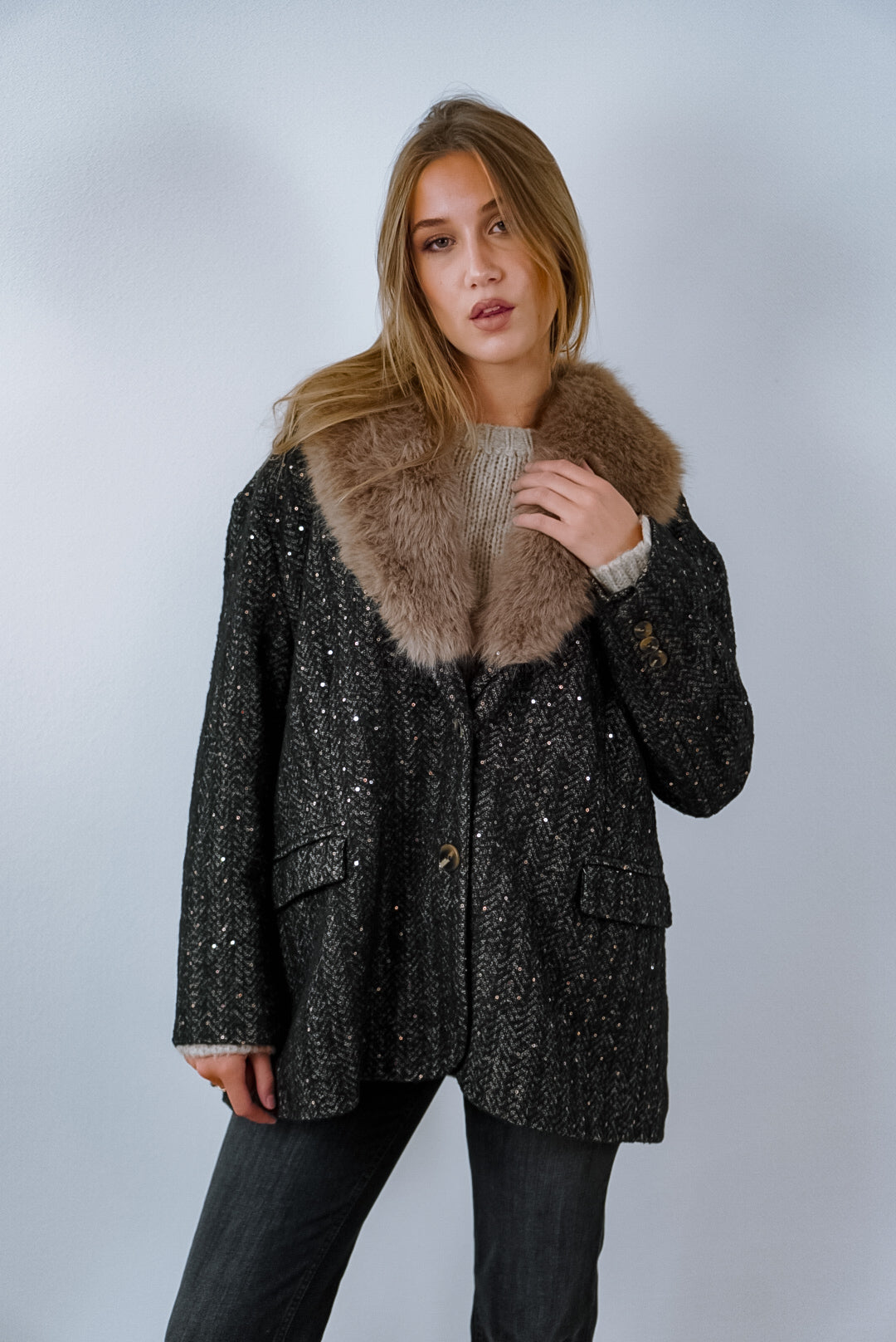 Cappotto Tweed con Collo in Eco-pelliccia