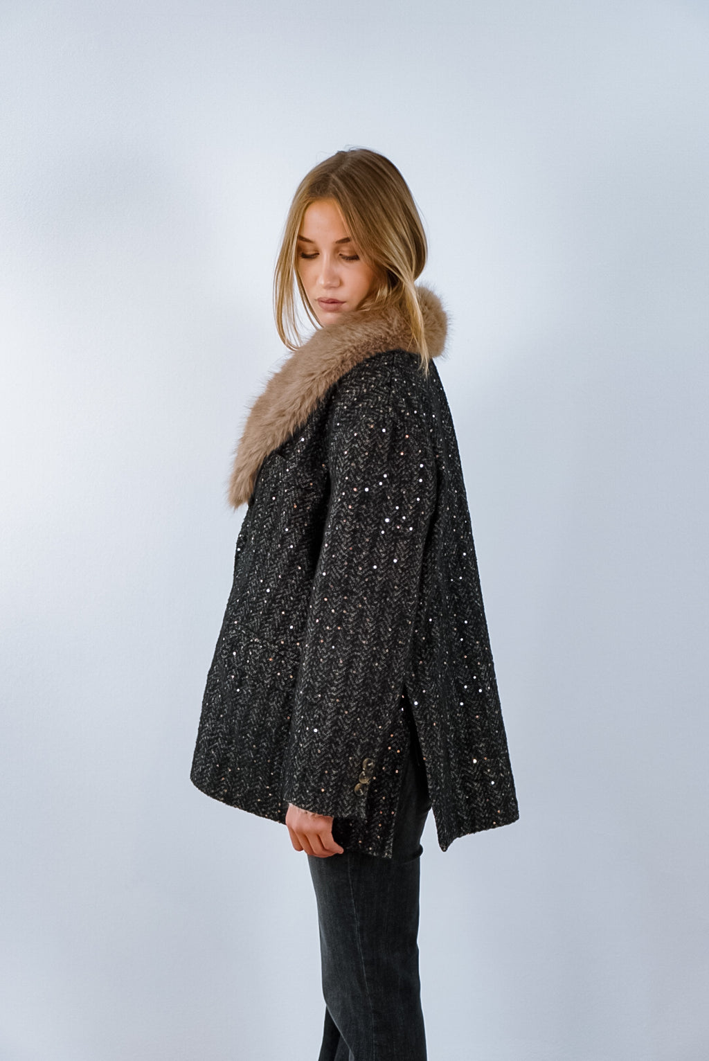 Cappotto Tweed con Collo in Eco-pelliccia
